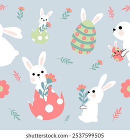 Seamless pattern with bunny rabbit cartoons, Easter egg.