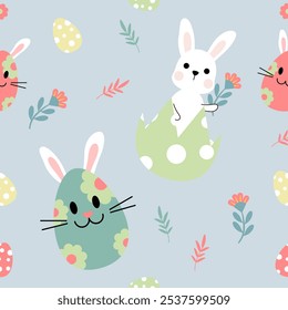 Seamless pattern with bunny rabbit cartoons, Easter egg.