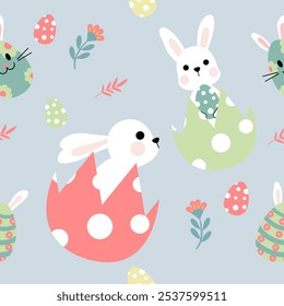 Seamless pattern with bunny rabbit cartoons, Easter egg.