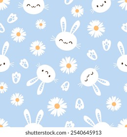 Seamless pattern with bunny rabbit cartoons, foot print and daisy flower on blue background vector. Cute childish print. 