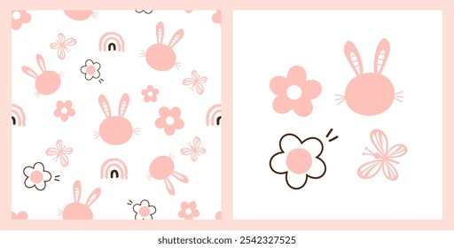 Seamless pattern with bunny rabbit cartoons, cute flower and butterflies on white background vector.