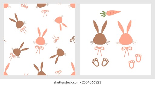 Seamless pattern with bunny rabbit cartoons and ribbon bows on white background. Rabbit face cartoons, foot print and carrot icon signs vector. 