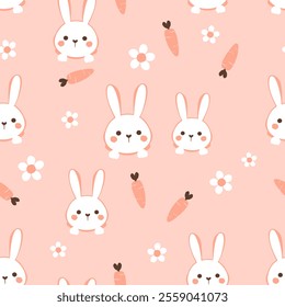 Seamless pattern with bunny rabbit cartoons, carrot and daisy flower on orange background vector. 