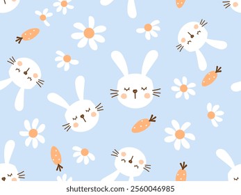 Seamless pattern with bunny rabbit cartoons, carrot and daisy flower on blue background vector.