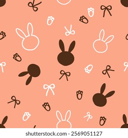 Seamless pattern with bunny rabbit cartoons, ribbon bows and foot prints on orange background vector. 