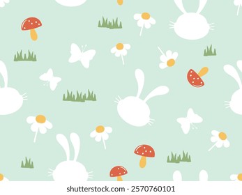 Seamless pattern with bunny rabbit cartoons, green grass, mushroom, daisy flower and butterfly on green background vector.