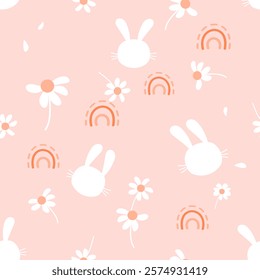 Seamless pattern with bunny rabbit cartoons, daisy flower and rainbow on punk background vector.