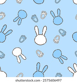 Seamless pattern with bunny rabbit cartoons and foot print on blue background vector.