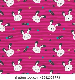 Seamless pattern with bunny rabbit cartoons, cute flower and carrot on stripped background. Rabbit face icon sign vector.