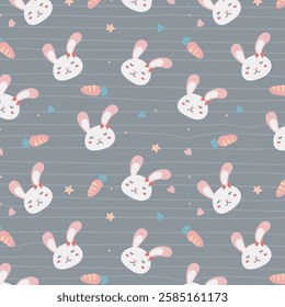 Seamless pattern with bunny rabbit cartoons, cute flower and carrot on stripped background. Rabbit face icon sign vector.
