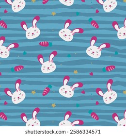 Seamless pattern with bunny rabbit cartoons, cute flower and carrot on stripped background. Rabbit face icon sign vector.