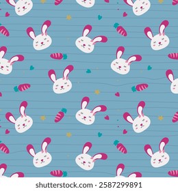 Seamless pattern with bunny rabbit cartoons, cute flower and carrot on stripped background. Rabbit face icon sign vector.