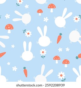 Seamless pattern with bunny rabbit cartoons, daisy flower and carrot on blue background vector.
