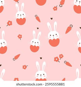 Seamless pattern with bunny rabbit cartoons, egg shell, carrot and flower on pink background vector.