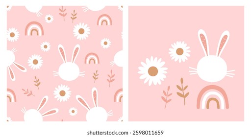 Seamless pattern with bunny rabbit cartoons, daisy flower and rainbow on pink background vector.