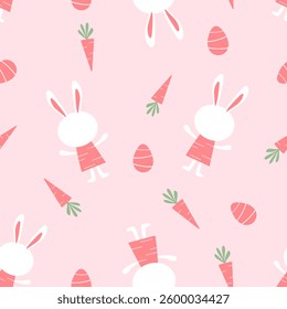 Seamless pattern with bunny rabbit cartoons, carrot and Easter eggs on pink background vector. Cute childish print.
