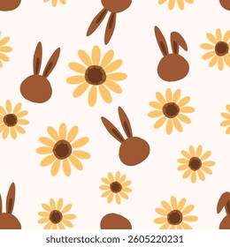 Seamless pattern with bunny rabbit cartoons and sunflower field on white background vector.