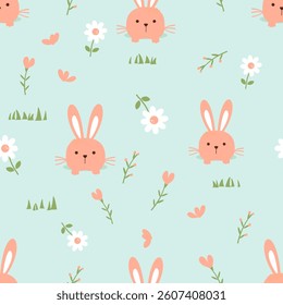 Seamless pattern with bunny rabbit cartoons, daisy flower, heart shape flower on green grass background vector.