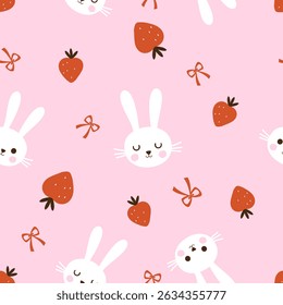 Seamless pattern with bunny rabbit cartoons, strawberries and ribbon bows on pink background vector.