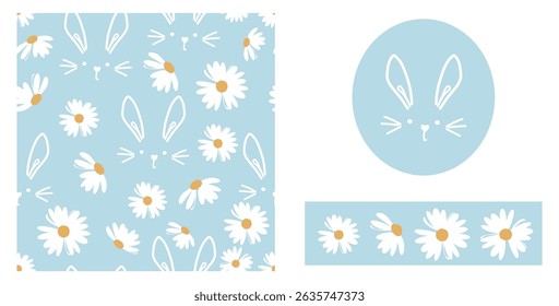 Seamless pattern with bunny rabbit cartoons and daisy flower on blue background. Daisy icon set and rabbit cartoon.