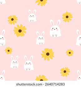 Seamless pattern with bunny rabbit cartoons and sunflower field on pink background vector. Cute childish print.