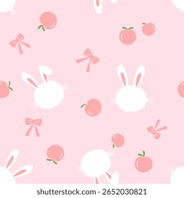 Seamless pattern with bunny rabbit cartoons, ribbon bows and peach fruit on pink background vector.