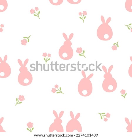 Seamless pattern with bunny rabbit cartoons and pink flower garden on white background vector illustration. Cute childish print.