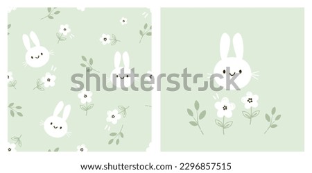 Seamless pattern with bunny rabbit cartoons, cute flower and branches on green background vector illustration.