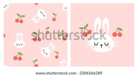 Seamless pattern with bunny rabbit cartoons and cherry fruit with green leaves on pink backgrounds vector illustration.