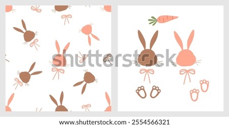 Seamless pattern with bunny rabbit cartoons and ribbon bows on white background. Rabbit face cartoons, foot print and carrot icon signs vector. 