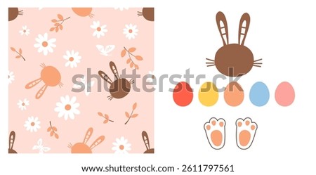 Seamless pattern with bunny rabbit cartoons, butterflies, daisy flower and orange branches on pink background. Easter eggs, foot prints  and brown rabbit icon set isolated on white background vector.