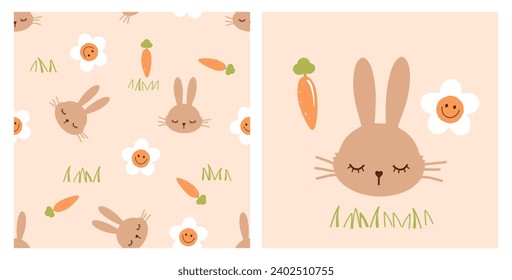 Seamless pattern with bunny rabbit, daisy cartoons, carrot and green grass on orange background. 