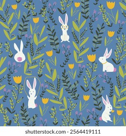 Seamless pattern, bunny, rabbit, floral, funny, easter, garden, blue, green, illustration, endless, all over print to use textile, fabric, clothing, backdrop, wallpaper, home textile, clothing