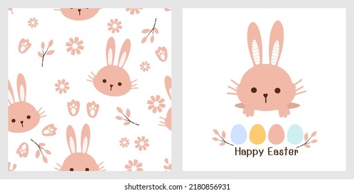 Seamless pattern with bunny, rabbit foot, branches and flower on white background.  Rabbit hole and Easter egg vector illustration.