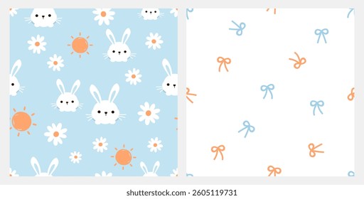Seamless pattern with bunny rabbit in the hole, daisy flower and sun on blue background vector. Cute childish print.