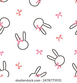 Seamless pattern with bunny rabbit and pink ribbon bow on white background vector.