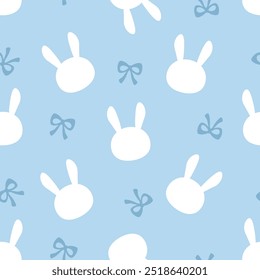 Seamless pattern with bunny rabbit and ribbon bow on blue background vector.