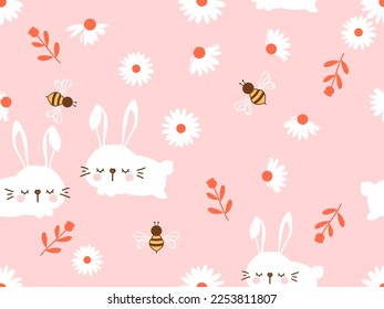 Seamless pattern with bunny rabbits, bee cartoons, branches and daisy flower on pink background vector illustration. Cute childish print.