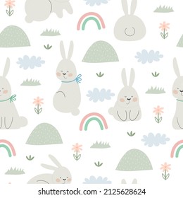 Seamless pattern with bunny, rainbow. Colorful vector flat for kids. hand drawing. baby design for fabric, print, wrapper, textile