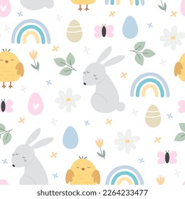  Seamless pattern with bunny, rainbow. Festive colorful vector for easter. hand drawing. design for fabric, wrapper, print