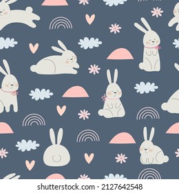 Seamless pattern with bunny, rainbows. Colorful vector flat for kids. hand drawing. baby design for fabric, print, wrapper, textile