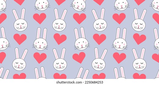 Seamless pattern with bunny and red heart on pastel blue background. Vector cartoon character. Happy Valentine's Day concept