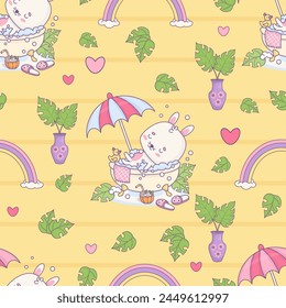 Seamless pattern with bunny rests in bubble bath under sun umbrella on yellow background with rainbow and tropical leaves. Cute funny kawaii animal character. Vector illustration. Kids collection
