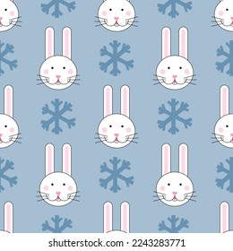 Seamless pattern with bunny and snowflake on pastel blue background. Vector cartoon character. Merry Christmas and Happy New year Concept.