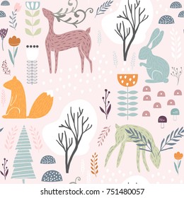 Seamless pattern with bunny, squirrel, deer. Creative woodland height detailed background. Perfect for kids apparel, fabric, textile, nursery decoration, wrapping paper.Vector Illustration