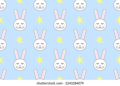 Seamless pattern with bunny and star on pastel blue background. Vector cartoon character. Merry Christmas and Happy New year Concept.