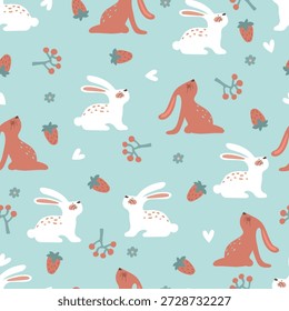 Patrón sin fisuras con conejito, fresa, baya, flores y corazones sobre fondo azul. Ilustración vectorial con animales y fresas.