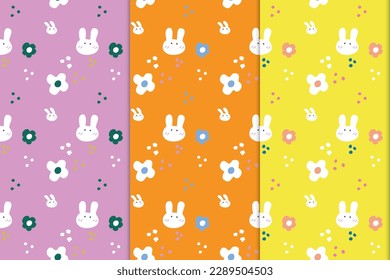 Seamless pattern with bunny Vector doodle illustration for pink, yellow, and orange background. Surface design for fabric, wrapping paper, stationery, wallpaper, and textile. funny happy bunny.