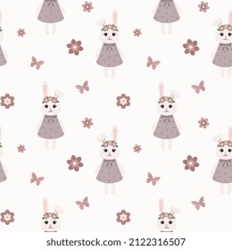 Seamless pattern with bunny in a wreath, flowers. Background for wrapping paper, greeting cards and seasonal designs. Happy Easter Day.