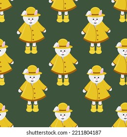 Seamless pattern with bunny in yellow raincoat, hat and boots on green background. Set with symbol of 2023. Wrapping paper with rabbit.